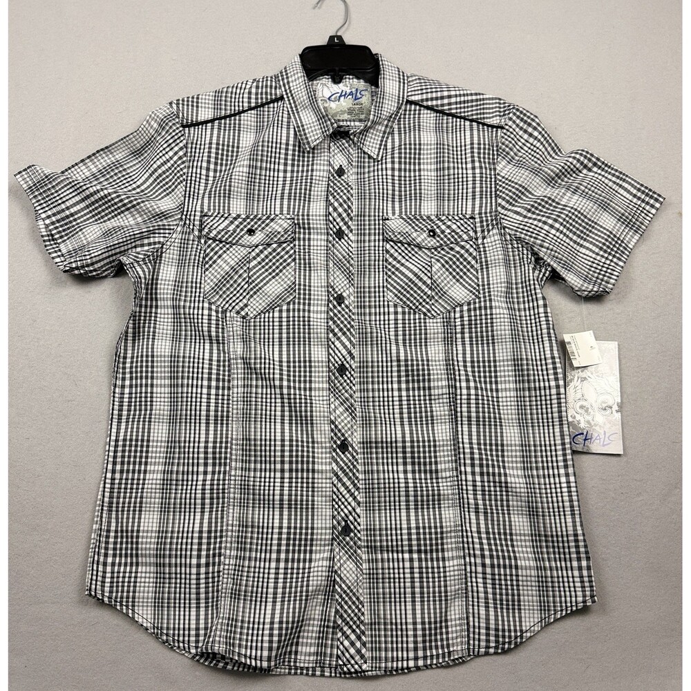 NWT Chals Men's Western Pearl Snap Shirt L Black White Plaid Short Sleeve Sz L